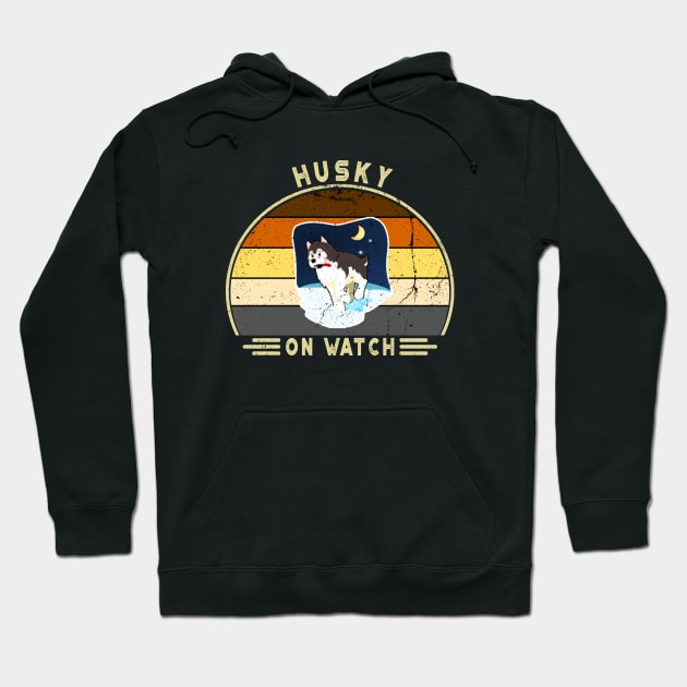 Husky On Watch. Perfect Funny Husky and Dogs Lovers Gift Idea, Distressed Retro Vintage Hoodie by VanTees